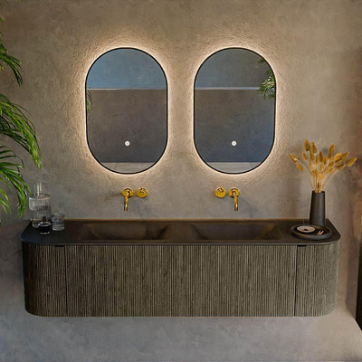 Mondiaz KURVE Ensemble de meuble de salle de bains - 170x46x40cm - 1 tiroir - 2 portes - meuble-lavabo solid surface - double - sans trou de robinet - Shadow