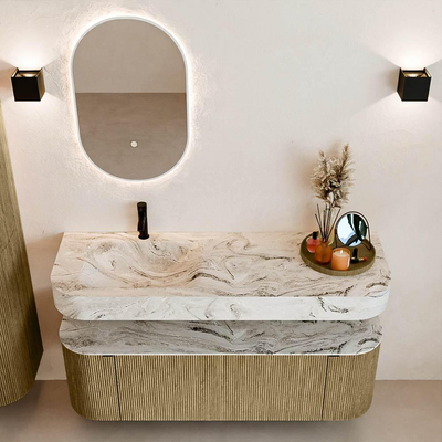 MONDIAZ THOR-DLUX 140cm meuble de salle de bains arrondi gauche + droite couleur Dusk avec 1 tiroir et 2 portes. Vasque suspendue CLOUD gauche 1 trou de robinet couleur Glace.