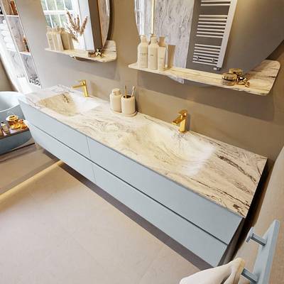 MONDIAZ VICA-DLUX Ensemble meuble de salle de bains - 200cm - meuble bas clay - 4 tiroirs - lavabo encastré cloud double - 2 trous de robinet - version hauteur 60cm - glace