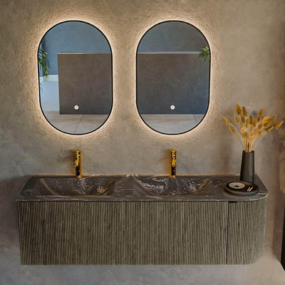Mondiaz KURVE-DLUX Ensemble de meuble salle de bain - 145x46x40cm - 1 tiroir - 1 porte - lavabo en solid surface - double / gauche - 2 trous de robinet - Shadow