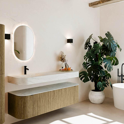 MONDIAZ THOR-DLUX Meuble de salle de bains 160cm arrondi gauche + droite couleur Dusk avec 1 tiroir et 2 portes. Vasque suspendue CLOUD Gauche 1 trou de robinet couleur Opalo.