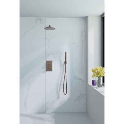 FugaFlow Eccelente Acces Ensemble de douche de tête encastré - thermostatique - bras mural - douche de tête 30cm - douchette à main sur barre - flexible de douche métallique - cuivre brossé PVD