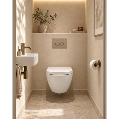 QeramiQ Dely Swirl Compact Toiletset - inbouwreservoir QeramiQ flush - 25mm zitting - kunststof bedieningsplaat taupe - ronde knoppen - glans wit