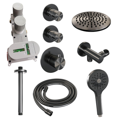 Brauer Gunmetal Edition Ensemble de douche pluie encastré - douche principale 20cm - bras plafond - 3 boutons lisses - douchette ronde 3 positions - PVD - gunmetal brossé