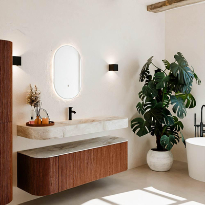 MONDIAZ THOR-DLUX 150cm meuble de salle de bains arrondi gauche + droite couleur Ruby avec 1 tiroir et 2 portes. Vasque suspendue CLOUD Milieu 1 trou de robinet couleur Frappe.