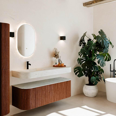 MONDIAZ THOR-DLUX 140cm meuble de salle de bains arrondi gauche + droite couleur Ruby avec 1 tiroir et 2 portes. Vasque suspendue CLOUD Gauche 1 trou de robinet couleur Opalo.