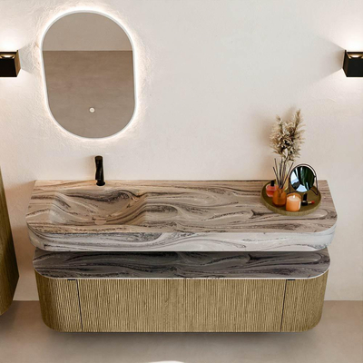 MONDIAZ THOR-DLUX 160cm meuble de salle de bains arrondi gauche + droite couleur Dusk avec 1 tiroir et 2 portes. Vasque suspendue CLOUD Gauche 1 trou de robinet couleur Sombra.