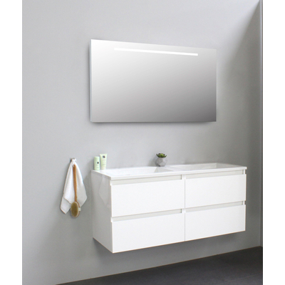 Basic Bella Badkamermeubelset - 120x55x46cm - 2 wasbakken - Acryl - Wit - 0 kraangaten - Wandspiegel met verlichting - Melamine Wit hoogglans