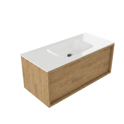 Saniclass Holz Frame Ensemble de meuble de salle de bains - 100x45x41.5cm - Flow lavabo en solid surface blanc - 1 vasque - sans trou de robinet - 1 tiroir - chêne natural mat (bois)
