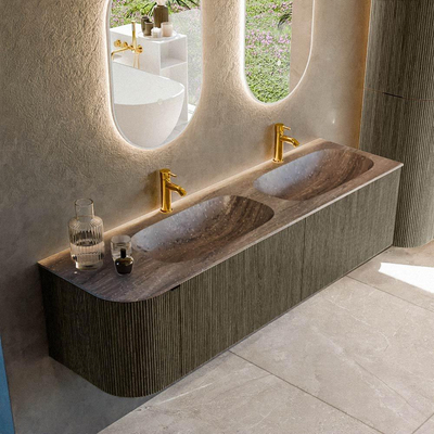 MONDIAZ KURVE-DLUX Meuble de salle de bains 165cm arrondi à gauche couleur Shadow avec 2 tiroirs et 1 porte. Lavabo STOR SMALL Double / Droit 2 trous de robinet Oza.