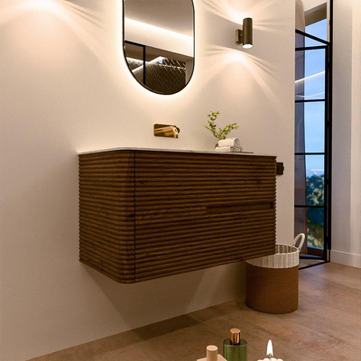 Mondiaz CIRO-DLUX Badkamermeubelset - 90x45x50cm - Solid surface wastafel Opalo - 1 wasbak Midden - zonder kraangaten - 2 lades - Dusk