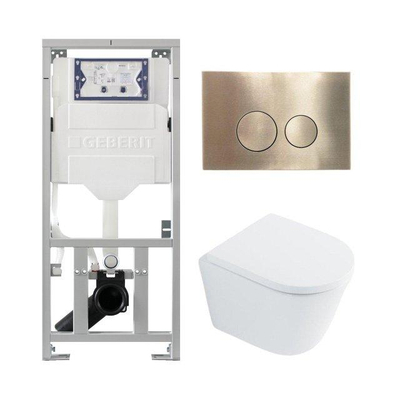 QeramiQ Dely Toiletset - 36.3x51.7cm - diepspoel - rimless - Geberit UP320 inbouwreservoir - met Burda frame - softclose toilet zitting 35 mm - geborsteld messing bedieningsplaat - ronde knoppen - wit glans
