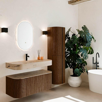 MONDIAZ THOR-DLUX 110cm badmeubel ronding links + rechts kleur Walnut met 1 lade en 2 deuren. Vrijhangende wastafel CLOUD Midden 1 kraangat kleur Arena.