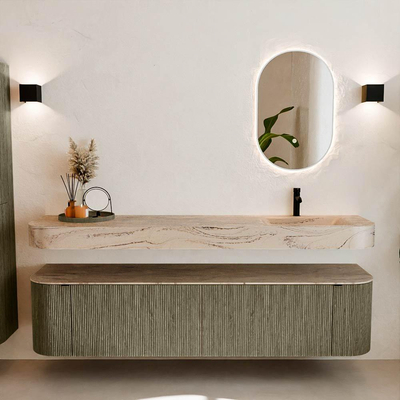 MONDIAZ THOR-DLUX Meuble de salle de bains 190cm arrondi gauche + droite couleur Shadow avec 2 tiroirs et 2 portes. Vasque suspendue CLOUD Droite 1 trou de robinet couleur Arena.