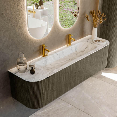 Mondiaz KURVE-DLUX Badkamermeubelset - 170x46x40cm - 1 lade - 2 deuren - wastafel solid surface - midden - 2 kraangaten - Shadow