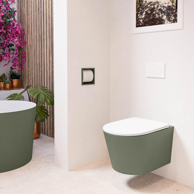 Mondiaz LAVIE hangtoilet – spoelrandloos – 36 x 53 cm – met softclose zitting – Army (groen), zitting Talc (wit)
