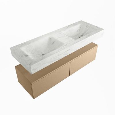 Mondiaz ALAN-DLUX Ensemble de meuble - 130cm - meuble Oro mat - 2 tiroirs - Lavabo Cloud Opalo suspendu - vasque Gauche et droite - 0 trous de robinet