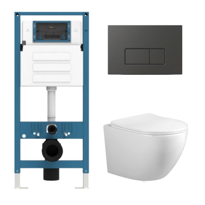 Adema Salina 2.0 Toiletset - 48.5x36x32cm - diepspoel - spoelrandloos - QeramiQ inbouwreservoir - softclose - quickrelease - toiletzitting - mat antraciet kunststof bedieningsplaat - rechthoekige knoppen - wit