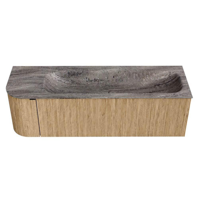 MONDIAZ KURVE-DLUX Meuble de salle de bains 145cm arrondi à gauche couleur Oak avec 1 tiroir et 1 porte. Plan vasque BIG LARGE à droite sans trou de robinet Oza.