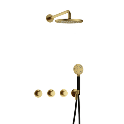 Hotbath Cobber IBS70 Ensemble de douche de tête encastré - bras mural 38,5 cm - douche de tête ronde 20 cm - douchette 3 jets - laiton brossé PVD