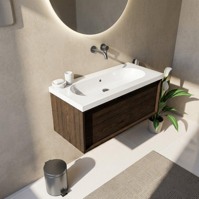 Saniclass Holz Frame Ensemble meuble de salle de bains - 100x45x43.5cm - lavabo en céramique Palermo blanc - 1 vasque - sans trou de robinet - 1 tiroir - chêne charcoal mat (bois)