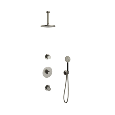 Hotbath Cobber IBS20 Ensemble de douche de tête encastré - bras de plafond 15 cm - douche de tête ronde 20 cm - douchette 3 jets - nickel brossé