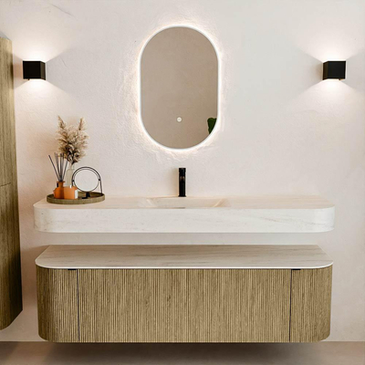 MONDIAZ THOR-DLUX 160cm meuble de salle de bains arrondi gauche + droite couleur Dusk avec 1 tiroir et 2 portes. Vasque suspendue CLOUD Milieu 1 trou de robinet couleur Meli.