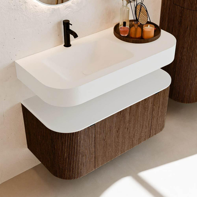 MONDIAZ THOR 100cm meuble de salle de bains arrondi gauche + droite couleur Walnut avec 1 tiroir et 2 portes. Vasque suspendue CLOUD gauche 1 trou de robinet couleur Talc.
