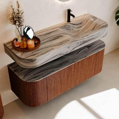 MONDIAZ THOR-DLUX 130cm meuble de salle de bains arrondi gauche + droite couleur Ruby avec 1 tiroir et 2 portes. Vasque suspendue CLOUD droite 1 trou de robinet couleur Sombra.