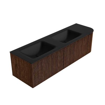 MONDIAZ KURVE 155cm badmeubel met module 25 R kleur Walnut met 2 lades en 1 deur. Wastafel CLOUD dubbel / links 2 kraangaten Urban.