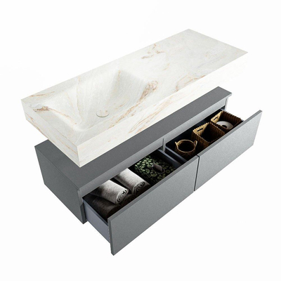 Mondiaz ALAN-DLUX Ensemble de meuble - 120cm - meuble Plata mat - 2 tiroirs - Lavabo Cloud Frappe suspendu - vasque Gauche - 1 trou de robinet