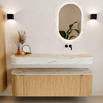 MONDIAZ THOR-DLUX 150cm badmeubel ronding links + rechts kleur Oak met 1 lade en 2 deuren. Vrijhangende wastafel CLOUD Rechts zonder kraangat kleur Nata.