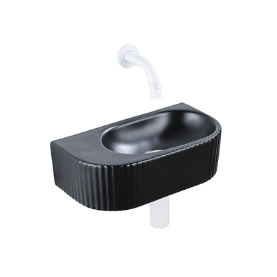 QeramiQ Fuente Ensemble de Lavabo - 40x21.5x12cm - strié - demi-rond - céramique - ensemble de robinet blanc mat - bouchon de vidange - siphon abaissé - noir mat
