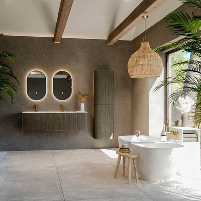 Mondiaz KURVE Ensemble de meuble salle de bain - 145x46x40cm - 1 tiroir - 1 porte - lavabo en solid surface - double / gauche - 2 trous de robinet - Shadow