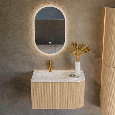 MONDIAZ KURVE-DLUX 75cm Meuble salle de bain avec module 25 D - couleur Oak - 1 tiroir - 1 porte - vasque GRUNNE gauche - 1 trou de robinet - couleur Glace