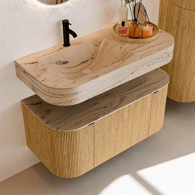 MONDIAZ THOR-DLUX 100cm badmeubel ronding links + rechts kleur Oak met 1 lade en 2 deuren. Vrijhangende wastafel CLOUD Links 1 kraangat kleur Arena.