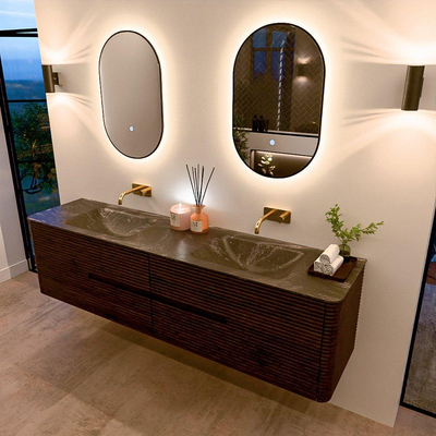 Mondiaz CIRO-DLUX Ensemble de meubles de salle de bains - 190x45x50cm - lavabo en solid surface Lava - 2 vasques double - sans trous de robinet - 4 tiroirs - Noyer