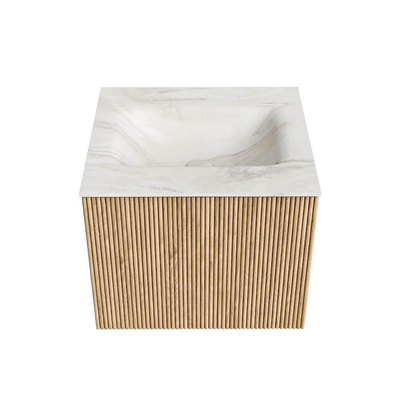 MONDIAZ KURVE-DLUX 50cm badmeubel kleur Oak met 1 lade. Wastafel GRUNNE midden 1 kraangat kleur Ostra.