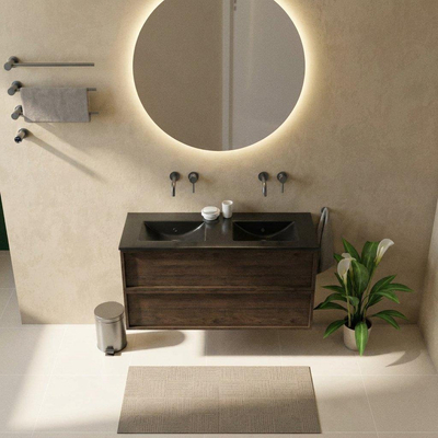 Saniclass Holz Frame Ensemble meuble de salle de bains - 120x45x62cm - lavabo Vygo en céramique noir - 2 vasques - sans trous de robinetterie - 2 tiroirs - chêne charcoal mat (bois)