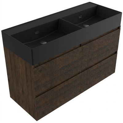 Saniclass Holz Atelier Badkamermeubelset - 120x45x72cm - Legend keramische wastafel mat zwart - 2 wasbakken - zonder kraangaten - 2 lades - mat eiken charcoal (hout)