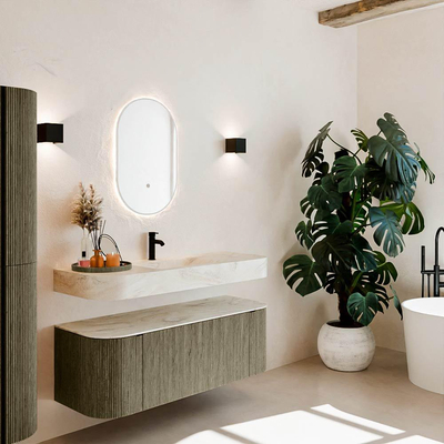 MONDIAZ THOR-DLUX 130cm meuble de salle de bains arrondi gauche + droite couleur Shadow avec 1 tiroir et 2 portes. Vasque suspendue CLOUD Milieu 1 trou de robinet couleur Ostra.