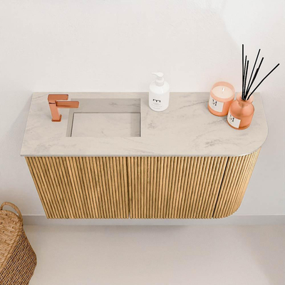Mondiaz JOYA-DLUX Meuble de toilette 71.6cm - arrondi droit couleur Chêne - Vasque FAYE position Gauche 1 trou de robinet couleur Opalo.