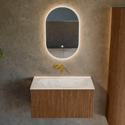 MONDIAZ KURVE-DLUX 80cm Meuble salle de bain - couleur Walnut - 1 tiroir - vasque BIG SMALL centre - sans trou de robinet - couleur Ostra