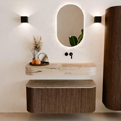 MONDIAZ THOR-DLUX 110cm badmeubel ronding links + rechts kleur Walnut met 1 lade en 2 deuren. Vrijhangende wastafel CLOUD Rechts zonder kraangat kleur Arena.