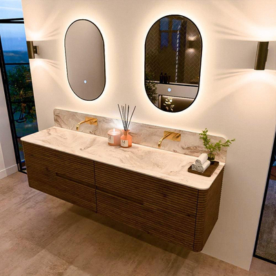 Mondiaz CIRO-DLUX Badkamermeubelset - 180x45x50cm - Solid surface wastafel Frappe - 2 wasbak Dubbel - zonder kraangaten - 4 lades - Dusk
