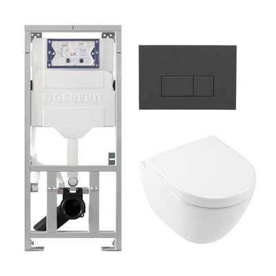 Villeroy & Boch Subway 2.0 compact DirectFlush Toiletset - Geberit reservoir - softclose - quickrelease - bedieningsplaat bedieningsplaat antraciet mat - rechthoekige knoppen - wit