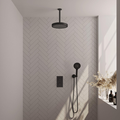 BRAUER Stripe Thermostatische Inbouw Regendouche - 3-weg - rechthoekig - SET 18 - 25cm douchekop - plafondarm - 3-standen handdouche - doucheslang - wandaansluitbocht - mat zwart