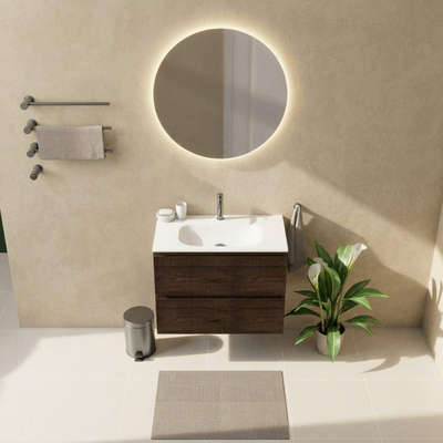Saniclass Holz Atelier Ensemble meuble de salle de bains - 80x45x61.5cm - lavabo Flow en solid surface blanc - 1 vasque - 1 trou de robinetterie - 2 tiroirs - chêne charcoal mat (bois)