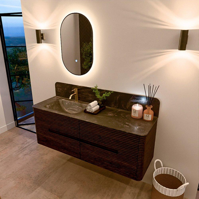 Mondiaz CIRO-DLUX Badkamermeubelset - 140x45x50cm - Solid surface wastafel Lava - 1 wasbak Links - 1 kraangat - 4 lades - Walnut