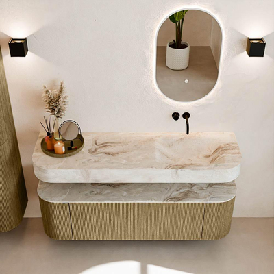 MONDIAZ THOR-DLUX 150cm badmeubel ronding links + rechts kleur Dusk met 1 lade en 2 deuren. Vrijhangende wastafel CLOUD Rechts zonder kraangat kleur Frappe.